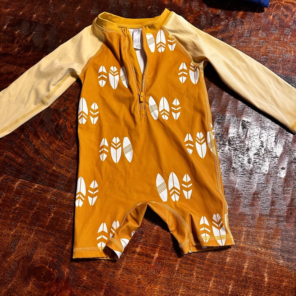 Kids Mustard Yellow One Piece with White Leaf Pattern